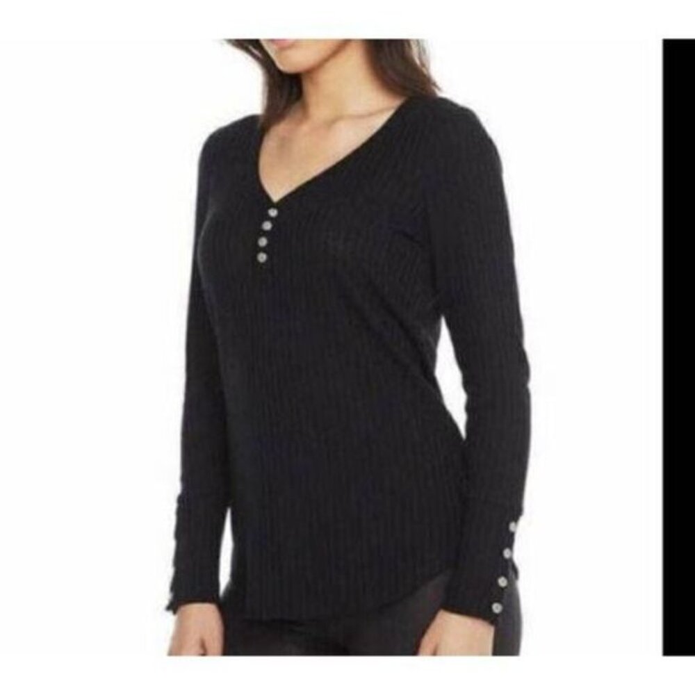 Chaser Sz Small Waffle Knit Long Sleeve Thermal Top Women Black V-Neck Henley.A